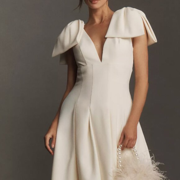 Mac Duggal Bow-Strap V-Neck Crepe Fit & Flare Midi Dress - Picture 2 of 6